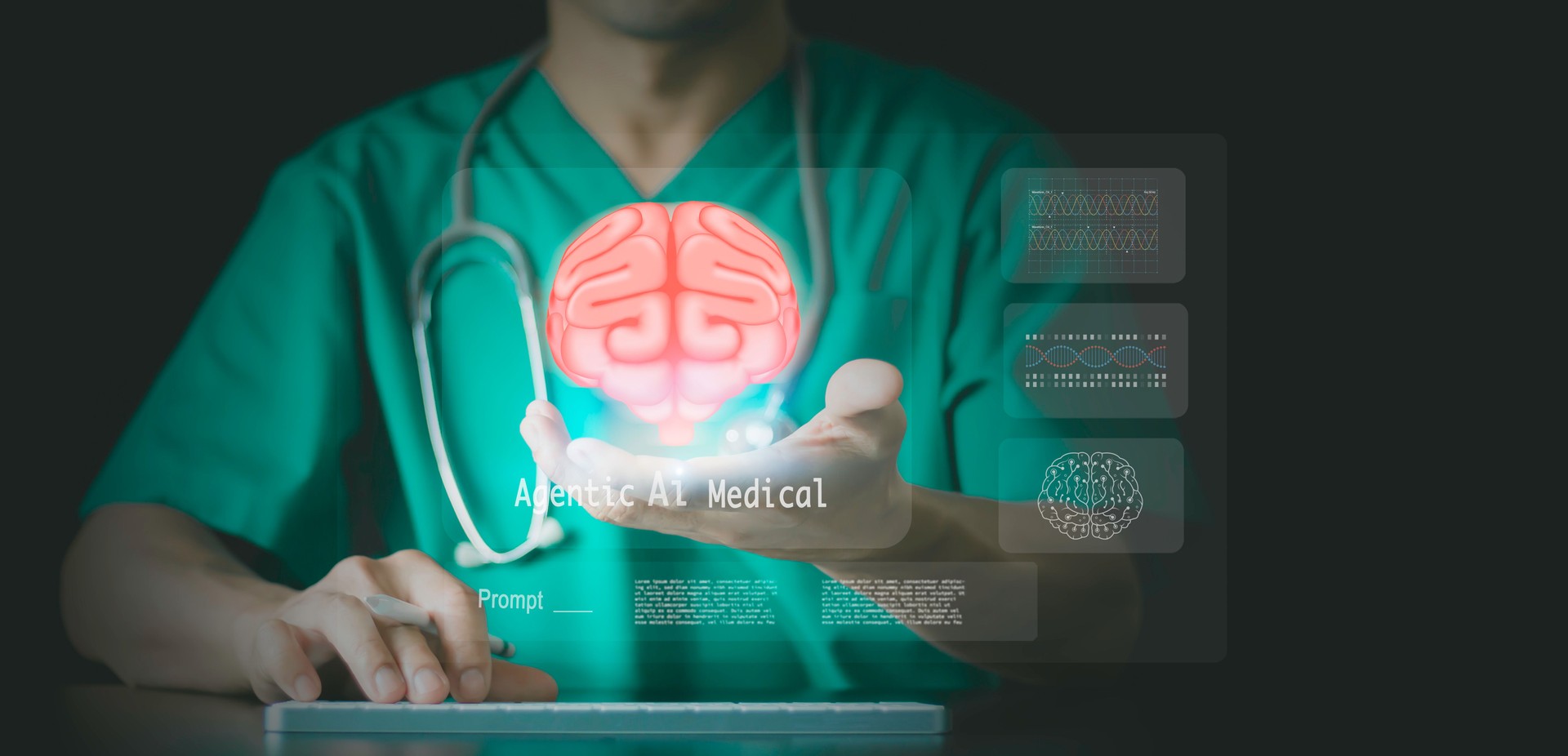 Doctor Utilizing Medical Agentic AI artificial intelligence. processes data analysis technology Modern Healthcare innovation for diagnosing increasing accuracy of patient treatments in real-time