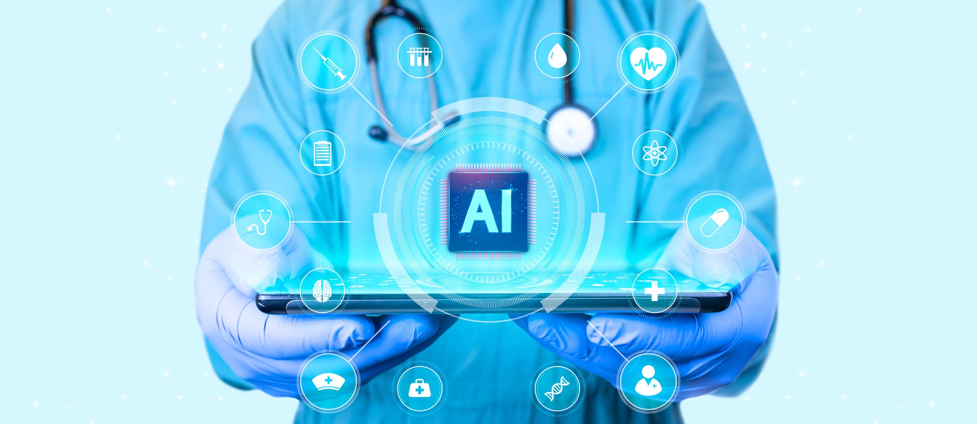 Doctor analyzes an artificial intelligence processor on a light blue background. AI development concept for healthcare. Intelligent AI learning system in medicine.